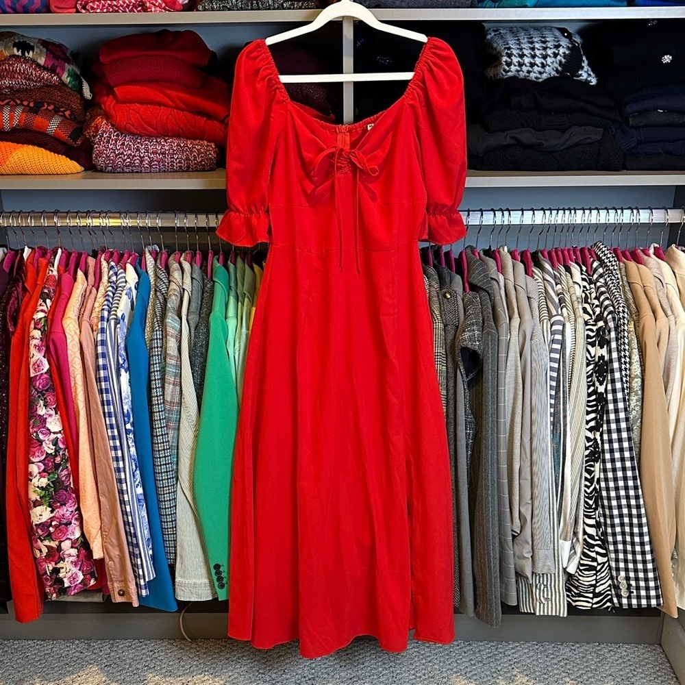 SHEIN red 1/2 sleeve back zipper closure front tie front slit midi dress size M